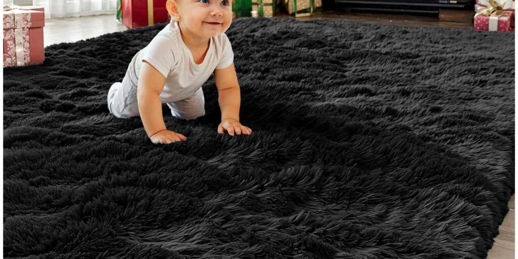 Plush black shag rug for nursery room 6.5x8.2 ft