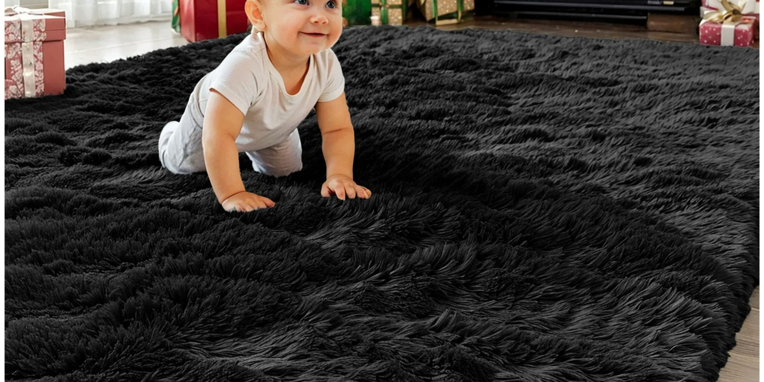Plush black shag rug for nursery room 6.5x8.2 ft