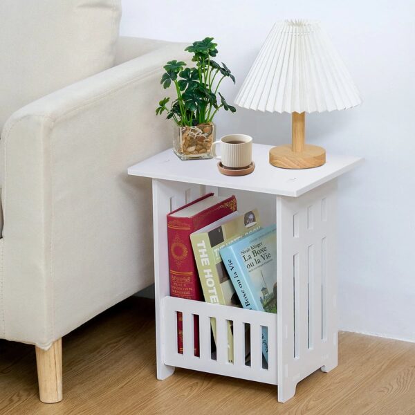Alt tag: Modern white bedside table with storage in a minimalist bedroom