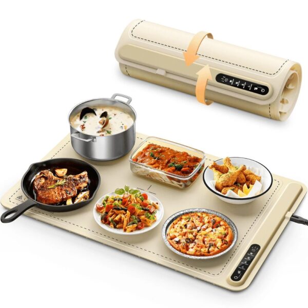 Beige electric food warming mat with 4 temperature settings for home buffets, parties, and family gatherings