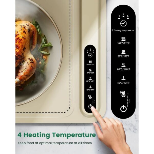 Beige electric food warming mat with 4 temperature settings for home buffets, parties, and family gatherings